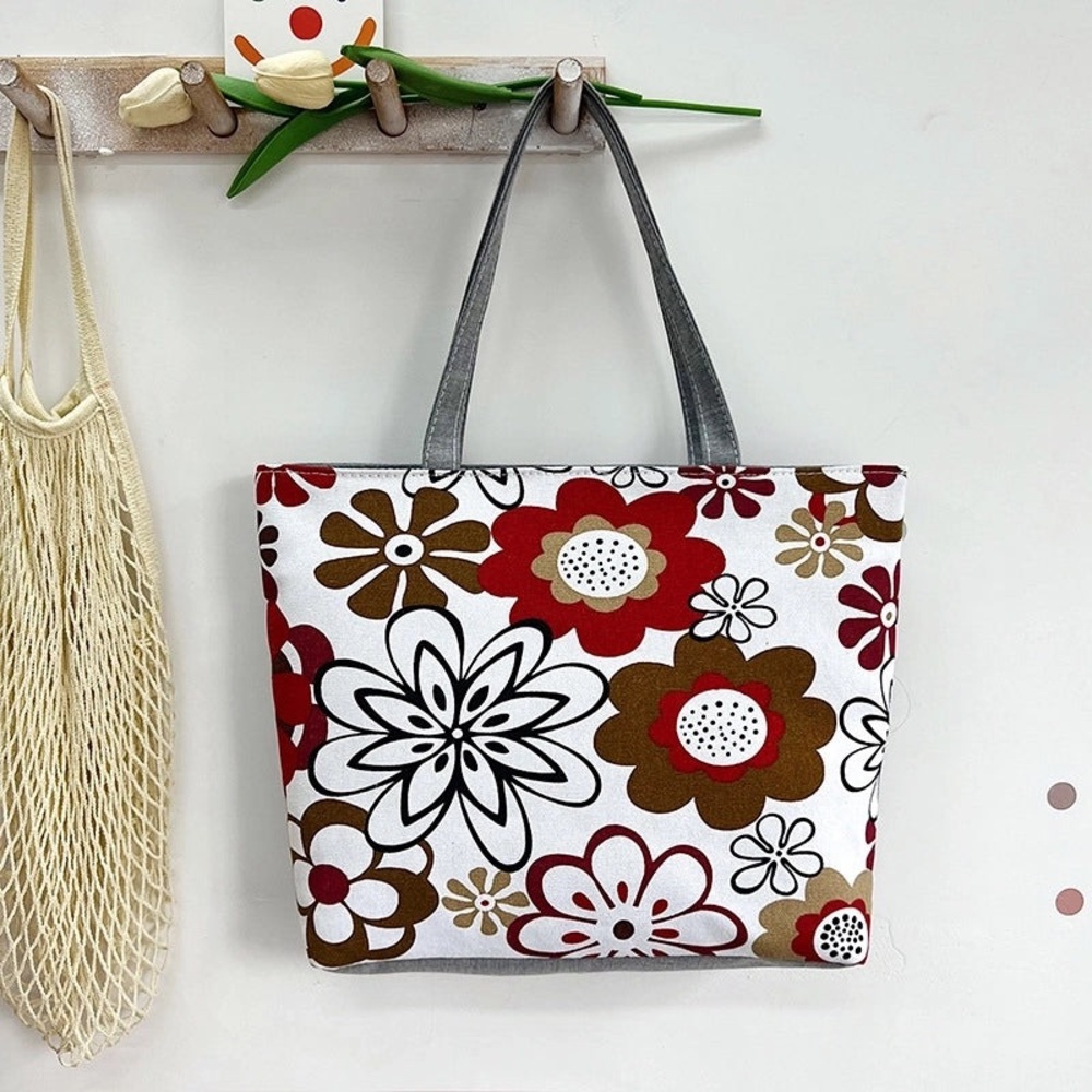 Floral Tote Bag - Red, Brown, and White